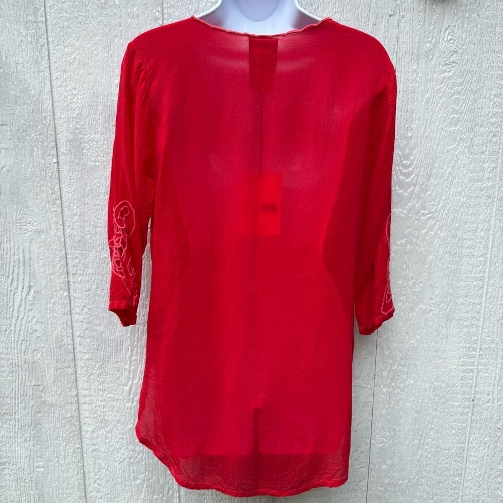 NWT Johnny Was Arlene Appliqué Tunic Sheer Red Women's 3/4 Sleeve Shirt Top XS - Picture 3 of 9